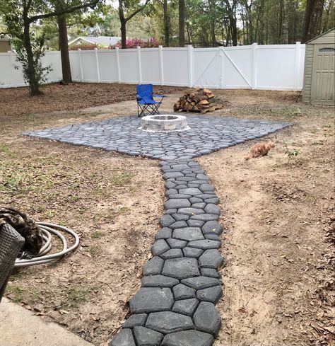 Concrete Bags Patio, Concrete Walkways Paths, Concrete Bag Walkway, Paver Fire Pit Patio, Diy Pavers Mold, Concrete Molds Walkway, Paver Fire Pit, Concrete Mold, Backyard Walkway