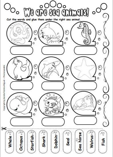 We are Sea Animals - a worksheet to cut and paste Sea Activities, Ocean Unit, Animal Worksheets, Ocean Activities, English Exercises, Ocean Crafts, Animal Activities, English Activities, Preschool Lessons