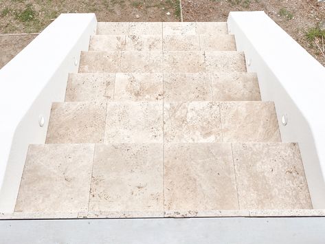 Steps With Lights, Outdoor Stairs To House Entrance, Cement Tiles Outdoor, Backyard Stairs, Travertine Steps, Travertine Stairs, Poured Concrete Patio, Outside Stairs, Patio Stairs