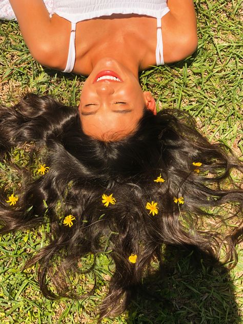 Hair And Flowers Photography, Flowers In Hair Photoshoot Laying Down, Curly Hair Photoshoot Ideas, Flowers In Hair Photoshoot, Flower Photoshoot Ideas, Spring Photoshoot Ideas, Rainbow Photos, Merch Shoot, Spring Shoot