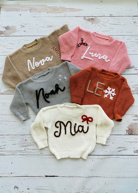 Name Sweater Baby, Embroidered Name Sweater, Baby Name Sweater, Sweater Diy, Name Sweater, Monogram Sweater, Embroidered Jumper, Baby Mobiles, Mink Colour