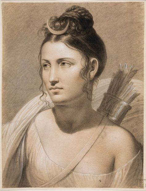 A wonderful illustration of the ancient Greek goddess, Artemis by Flemish historical painter, Joseph-François Ducq.  The painting is entitled, "Diana" which is the Roman equivalent of Artemis (Ἄρτεμις), the goddess of hunting, wild animals, etc. A Woman, Fan, Hair, White