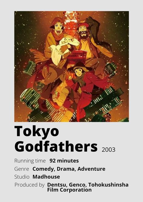 Tokyo Godfathers Poster, Anime Watchlist, Tokyo Godfathers, Poster Information, Anime Minimalist Poster, Satoshi Kon, Godfather Movie, Japanese Animated Movies, Anime Suggestions