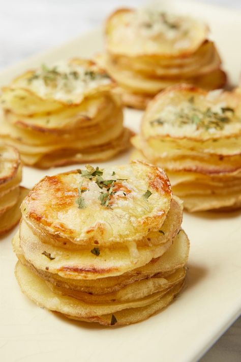 Crispy Muffin Tin Potato Stacks Stacked Potatoes Muffin Tins, Muffin Tin Potatoes Stacks, Potatoes Au Gratin Stacks, Potatoes In Muffin Tin Sliced, Crispy Potato Stacks Muffin Tins, Potato Stacks Muffin Tins, Potato Stacks With Garlic Herb Butter, Muffin Tin Potatoes, Cream Cheese Stuffed Peppers