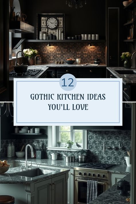 Looking to bring your kitchen to life with a gothic twist? These 12 unique ideas offer enchanting inspirations for creating the dream gothic kitchen you’ve always wanted! Infuse dark elegance and mystery with deep colors, striking decor, and creative design elements. From intricate plant life to captivating choices that beckon natural light, transform your space with fascinating textures. Don't miss these stylish suggestions that perfectly blend the old and the new in your kitchen - a great way to spark creativity and express your unique style! Gothic Kitchen Ideas, Elegant Vibes, Witchy Kitchen, Gothic Kitchen, Unique Sinks, Dark Countertops, Dark Color Palette, Reclaimed Wood Shelves, Dark Elegance