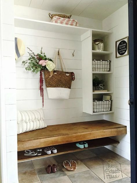 Top Mudroom Inspiration Ideas and Lowes - Nesting With Grace Shiplap Paneling, Vstupná Hala, Farmhouse Mudroom, Mudroom Closet, Mudroom Makeover, Mudroom Entryway, Mudroom Design, Hall Closet, Plank Walls