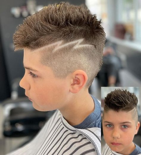 Boys Haircuts With Lightning Bolt, Lightning Bolt In Hair Boys, Boys Hair Cut With Lightening Bolts, Fade Designs Boys, Boys Haircut Lines On Side, Boys Hair Lightning Bolt, Lighting Bolt Hair Design, Lightening Bolt In Haircut, Cool Boy Haircuts Short