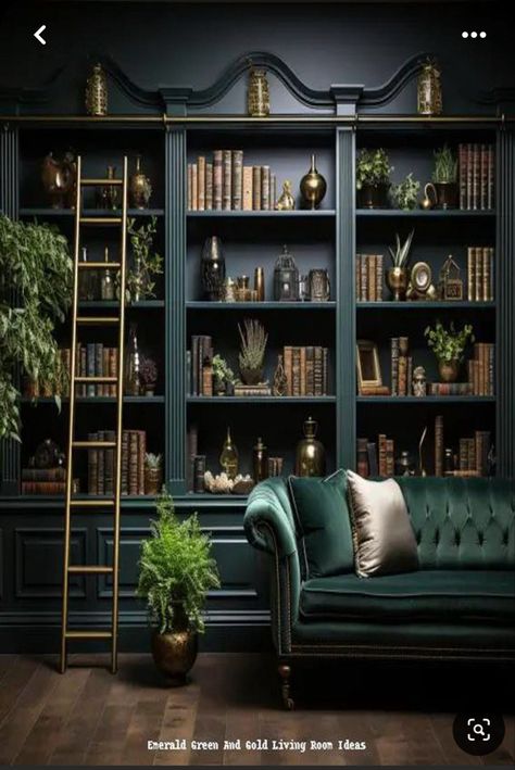 Emerald Green Living Room, Green Bookshelves, Dark Green Living Room, Cozy Home Library, Home Library Rooms, Gold Living, Dark Living Rooms, Gold Rooms, Green Couch