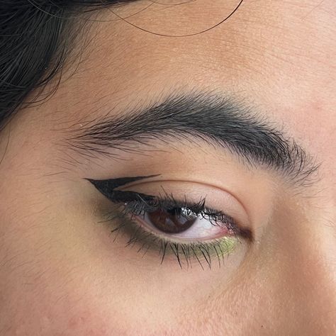 zoomed in eye with graphic eyeliner and green undereye eyeshadow Green Eyeliner Under Eyes, Under Eyeliner Looks, Green Eyeshadow With White Eyeliner, Green Graphic Eyeliner, Green Eyeshadow Asian Eyes, Eyeshadow Graphic, Eyeliner Under Eye, Lakme Eyeliner, Green Eyeliner Graphic