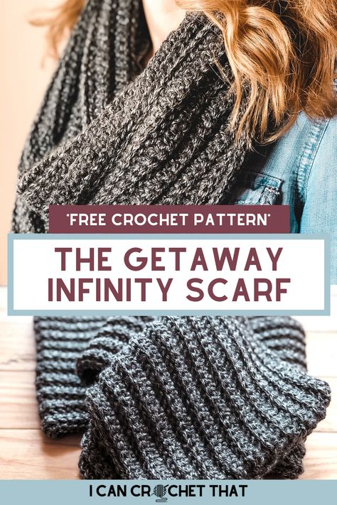 The Getaway Crochet Infinity Scarf will become your go-to scarf for weekends away. Plus, it's a free pattern! The dark neutral color goes with everything and the unique crochet stitch, the herringbone half double crochet, used gives it a beautiful soft texture, making this a scarf you'll love to wear over and over again. #crochet #scarf #infinity #pattern #free #easy Free Crochet Halloween, Crochet Halloween Patterns, Crochet Scarf Pattern Free Easy, Crochet Infinity Scarf Free Pattern, Infinity Pattern, Crochet Infinity Scarf Pattern, Crochet Snood, Crochet Cowls, Super Scarf