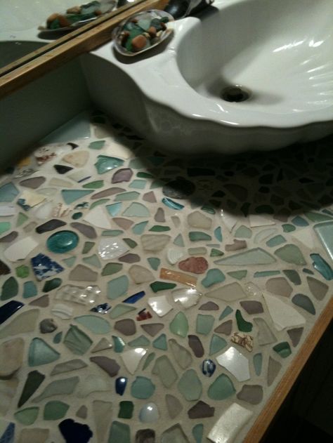 sea glass mosaic countertop - or use broken tiles in the ... | Sea gl ... Tiled Countertop Bathroom, Sea Glass Mosaic, Glass Countertops, Glass Sink, Tile Countertops, Bathroom Counter, Sea Glass Crafts, Bathroom Countertops, Sea Glass Art