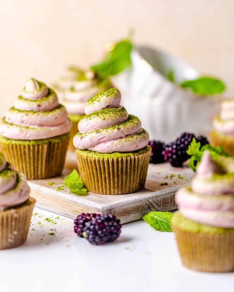 Matcha Cupcakes - Britney Breaks Bread Raspberry Cupcake Recipes, Green Tea Cupcakes, Matcha Cupcakes, Lemon Raspberry Cupcakes, Strawberry Cupcake Recipes, Bakery Style Blueberry Muffins, Raspberry Buttercream Frosting, Raspberry Frosting, Almond Muffins