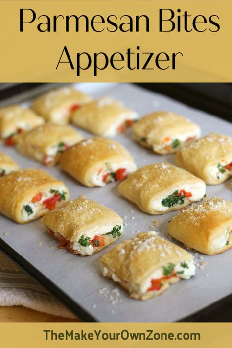 A quick and tasty appetizer recipe with the flavors of parmesan, cream cheese, red peppers, and parsley, wrapped in crescent roll dough. Can be made ahead of time too! Jalapeno Recipes Appetizers, Friendsgiving Recipes Appetizers, Parmesan Bites, Pilsbury Recipes, Pastas Recipes, Thanksgiving Appetizer Recipes, Christmas Recipes Appetizers, Appetizer Dishes, Appetizer Bites