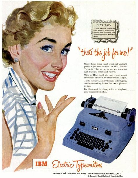 In the '50s, secretaries and bosses agreed that IBM electric typewriters rocked the business scene - #vintage #typewriters #typewriter #IBM #fifties #50s #officemachines #typing #typists #secretaries #vintagetypewriters #clickamericana Retro Suburbia, Women Office Decor, Secretary Style, Electric Typewriter, Vintage Secretary, Magazine Advert, Cassette Audio, Soft Blonde, Old Advertisements