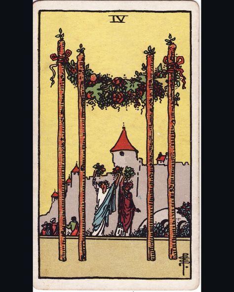 The Four of Wands shows two happy people dancing and celebrating with flowers in their hands. In the foreground, a beautiful wreath abounding with blossoms and grapes suspends between wands. Together, these elements represent the joy and satisfaction that comes with achieving an important goal or milestone. In the background, another group of people (perhaps a family) stand in front of a large castle, representing the safety and comfort of the home. Day 93 of 100 || “Four of Wands” Tarot || ... Two Of Wands Tarot, Four Of Wands Tarot, 4 Of Wands, Four Of Wands, Kim Krans, Large Castle, 2025 Board, Wands Tarot, People Dancing