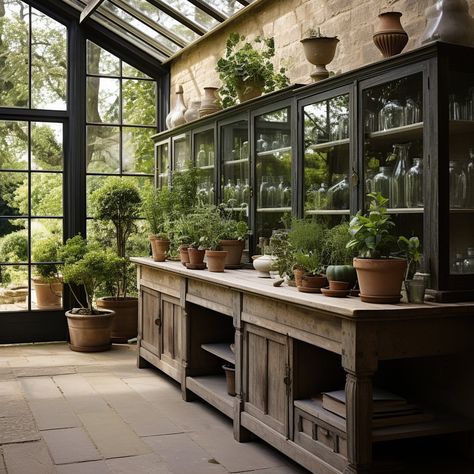 Glass Greenhouse Attached To House Farmhouse, River Pavilion, Greenhouse Kitchen, Garden Shed Interiors, Outdoor Greenhouse, Rustic Ideas, Greenhouse Interiors, Glass Panes, Home Greenhouse