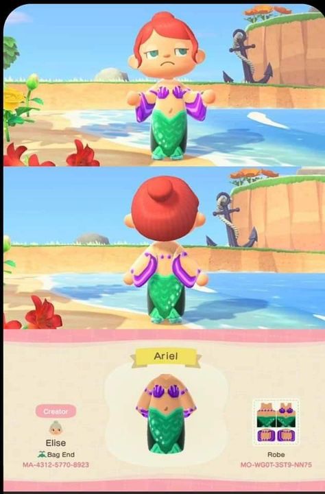 Animal Crossing Mermaid Design, Disney Animal Crossing, Acnh Outfits, Acnh Clothes, Ariel Disney, Animal Crossing Funny, Animal Crossing Fan Art, Ac New Leaf, Animal Crossing Memes