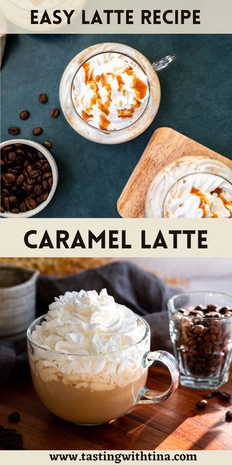 This caramel latte tastes just like one you order at your favorite coffee shop! It is made with espresso, milk, caramel sauce, a bit of vanilla extract and whipped cream to top it off. It’s delicious and so very comforting! Easy Latte Recipe, Caramel Latte Recipe, Blueberry Oat Bars, Coffee Recipes Hot, Easy Caramel, Food Substitutions, Caramel Latte, Sweet Coffee, Caramel Coffee