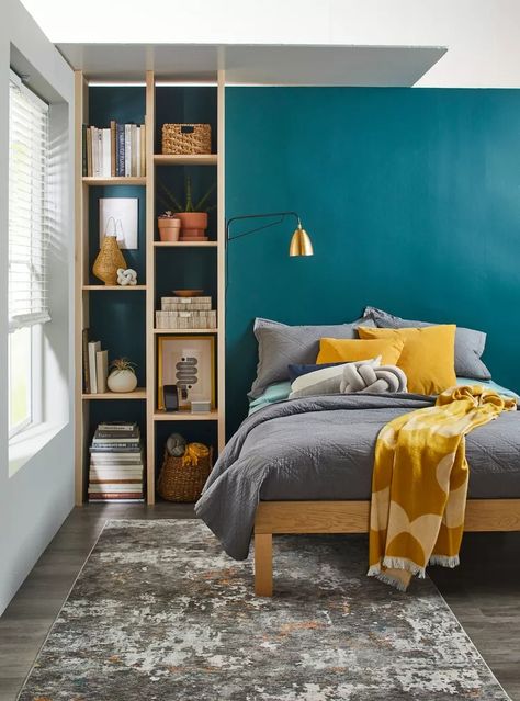 15 Cheery Colors That Go with Yellow Maximalist Room, Diy Bedroom Storage, Diy Wood Shelves, Custom Shelving, Primary Bedroom, Shelves In Bedroom, Estantes Flotantes, Organization Tips, Blue Bedroom