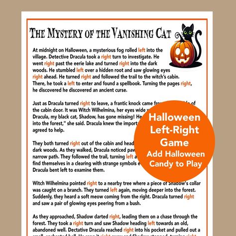 Halloween Left Right Game, Halloween School Game, Halloween Party Game, Halloween Group Game, Halloween Family Game, Halloween Church Game Add suspense and fun to your Halloween party with The Mystery of the Vanishing Cat Left Right Game! This entertaining game will keep your guests laughing and on edge as they follow a spooky tale. A perfect group game for kids or adults. In this Halloween twist on the classic Left Right Game, players pass a mystery gift around while listening to the story of a mischievous cat. Each time "left" or "right" is mentioned, the gift changes hands, building excitement as the story unfolds. What's Included: A downloadable PDF with the complete spooky story of The Mystery of the Vanishing Cat and instructions on how to play the Left Right Game Please feel free to Halloween Left Right Game Free, Halloween Party Game Ideas For Adults, Group Games For Kids, Church Games, Scary Games, Spooky Stories, The Vanishing, Healing Codes, Group Games