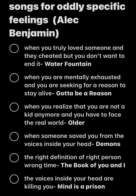 The Book Of You And I Alec Benjamin, Songs For Situations, Songs For Oddly Specific Feelings, Songs For Specific Situations, Songs For Specific Feelings, Alec Benjamin Songs, Playlist Description Ideas, Summer Songs Playlist, Alec Benjamin