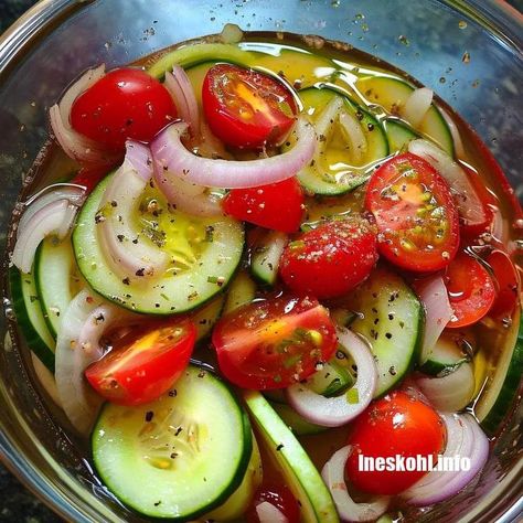 Marinated Cucumbers Onions and Tomatoes | InesKohl Kitchen Marinated Cucumbers Onions And Tomatoes, Cucumbers Onions And Tomatoes, Cucumber Recipes Healthy, Ineskohl Kitchen, Cucumber Snacks, Tomato Cucumber Salad, Tomato And Onion Salad, Onions And Tomatoes, Marinated Cucumbers