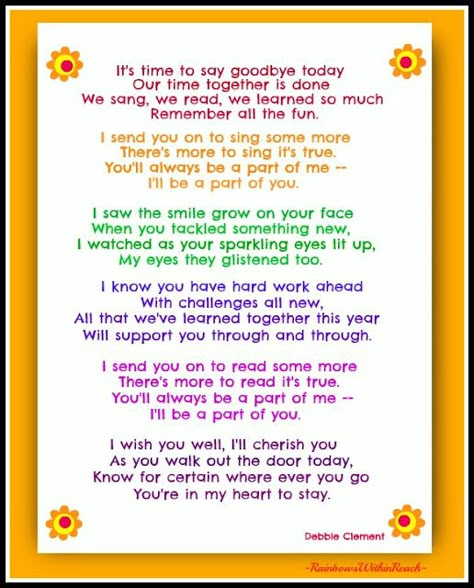 End of Year Poem by Debbie Clement #Edchat #Kinderchat #1stchat (FREEBIE pdf at the Early Education Emporium) Poems For Students, Preschool Poems, Graduation Poems, Letter To Students, Teacher Poems, Graduation Speech, Pre K Graduation, End Of Year Activities, Preschool Graduation