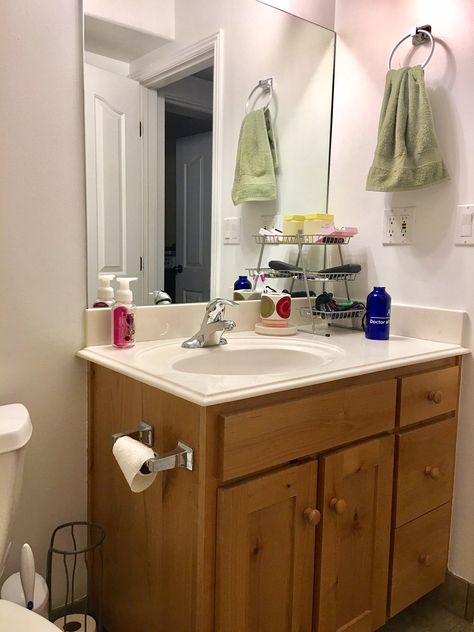 Basement Bathroom Makeover for $100 Bathroom Ideas Ikea, Bathroom Remodel Marble, Bathroom Remodel Layout, Ikea Towel, Layout Apartment, Ikea Apartment, Large Bathroom Remodel, Inexpensive Bathroom Remodel, Faucets Ideas