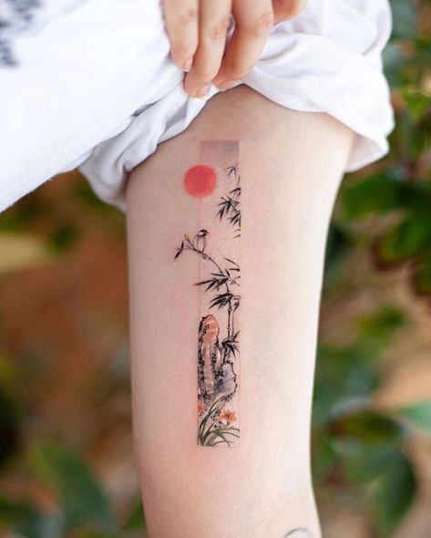 Xiao Tattoo, Vertical Tattoo, Painting Bamboo, Geometric Sleeve Tattoo, Bamboo Tattoo, Framed Tattoo, Circle Tattoos, Clever Tattoos, Inspired Tattoos