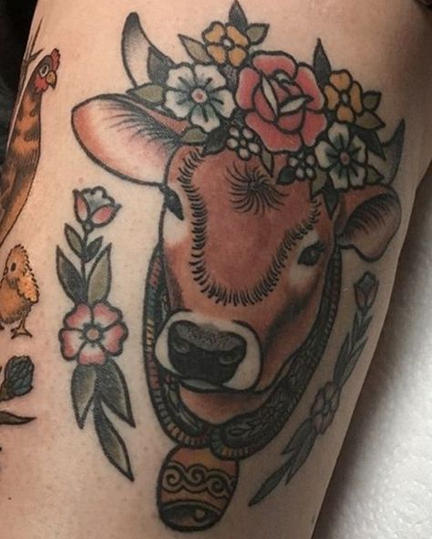 Step into the farmyard of fashion with cow tattoo designs! We've rounded up over 70 cow tattoo ideas that are just udderly irresistible. Cow Tattoos, Highland Cow Tattoo, Ox Tattoo, Winged Stencil, Americana Tattoo, Catrina Tattoo, Cow Tattoo, Vegan Tattoo, Octopus Tattoo