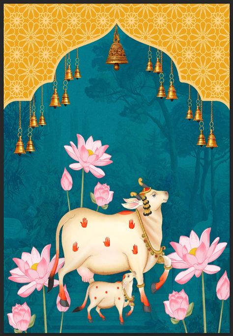 Lotus Artwork, Simple Wall Paintings, Cow Wallpaper, Contemporary Folk Art, Lotus Flower Art, Lotus Art, Big Wall Art, Print Design Art, Pichwai Paintings