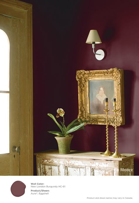 Bedroom feature wall colour ideas #BenjaminMoore New London Burgundy HC-61 with Aura, eggshell finish (wall). New London Burgundy, Burgundy Paint Colors, Antique Table Setting, Burgundy Bathroom, Burgundy Room, Plum Paint, Burgundy Walls, Boho Style Interior, Burgundy Paint