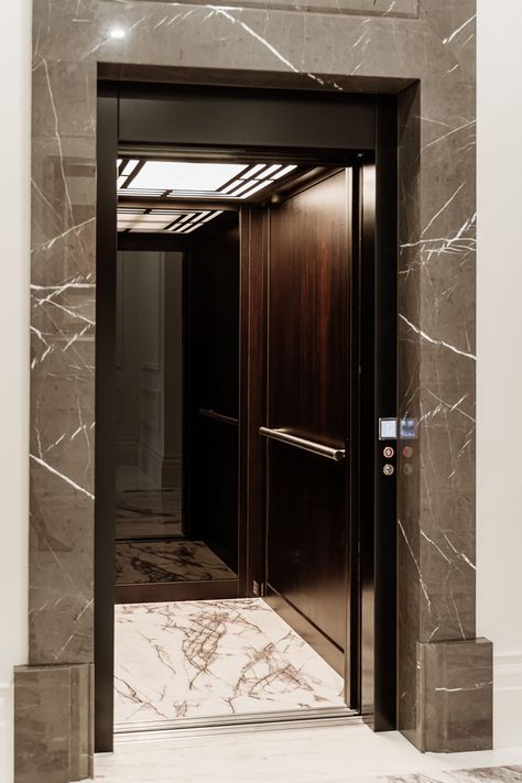 Lift Shop Elevator Entrance Design, Luxury Elevator Interior, Wood Cabin Interior, Dark Doors, Black Cabin, Cabin Interior Design, Stainless Steel Handrail, Steel Handrail, Elevator Design