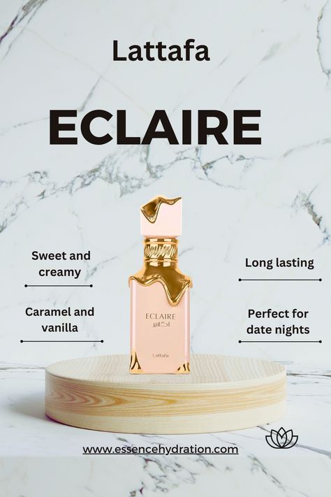 Eclaire by Lattafa Perfumes is a Floral Fruity Gourmand fragrance for women. This is a new fragrance. Eclaire was launched in 2024. Top notes are Caramel, Milk and Sugar; middle notes are Honey and White Flowers; base notes are Vanilla, Praline and Musk. Lataffa Eclair, Best Lattafa Perfumes For Women, Latafa Perfume, Lattafa Eclaire, Lattafa Perfume, Perfume Wishlist, Arabic Perfume, Beautiful Eyeshadow, Milk And Sugar