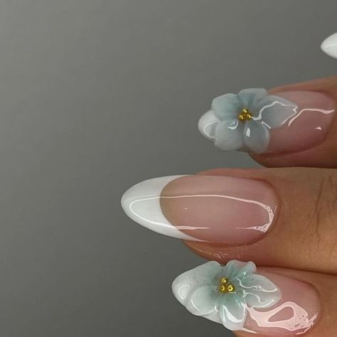 jasmine | bay area nail tech ☆ on Instagram: "flower frenchies 💐 @amys.clients recreations   ——  Service: Structure Mani + Tier 2   ——  @izemikorea Neo Base& Resin 99.9  @makartt_official 3D Gel   ——  #nailsnailsnails #nails #naildesign #cutenails #nailart #flowers #3dflower #frenchtipnails #simplenails #simplenailart #gel #gelnails #structuregel #naturalnails #sunnyvale #bayarea #bayareanailtech #fyp" Light Blue 3d Flower Nails, 3d Jelly Flower Nails, Nails Inspiration 3d Flowers, Builder Gel Flower Nails, Clear 3d Nail Art, Gel Flower Nail Designs 3d, 3d Flower Nails Simple, 3d Gel X Nails, Flower Inspired Nails