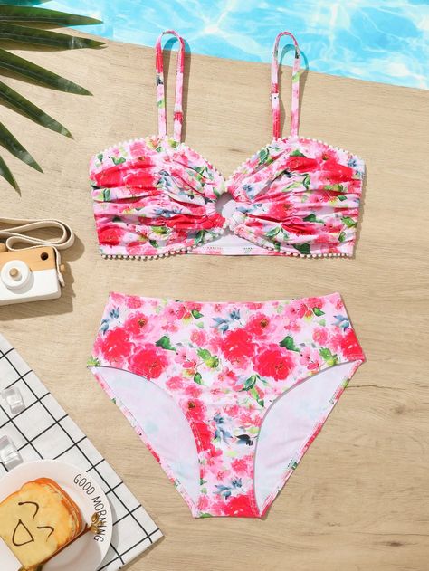 Multicolor Cute Collar   Floral Bikinis Embellished Medium Stretch  Teen Girls Clothing Cute Bathing Suits For 12-13, Cute Bathing Suits For 10-12, Cute Bathing Suits For Kids 10-13, Bathing Suits For Girls 10-12, Aesthetic Swimsuit, Beach Aesthetic Outfits, Kids Swimsuits Bikinis Pink, Swimsuits For Teens, Teen Shopping