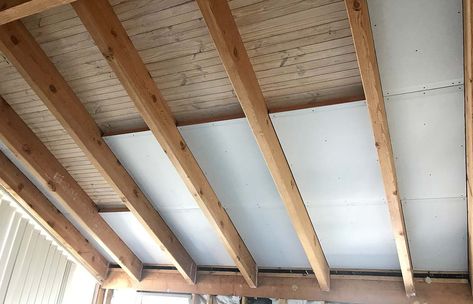 Diy Insulation, Open Basement, Exposed Trusses, Exposed Beams Ceiling, Ceiling Options, Raked Ceiling, Exposed Ceilings, Exposed Rafters, Roof Ceiling