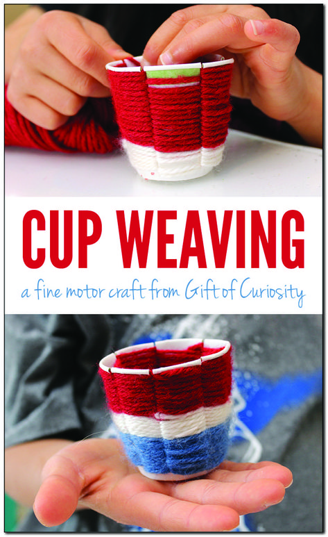 Cup weaving fine motor craft | Kids can make beautiful woven cups with yarn and a bit of patience | #finemotor #artsandcrafts #giftofcuriosity #kidscrafts #campcrafts #weavingcraft Cup Weaving, Kids Weaving Projects, Diy Thanksgiving Centerpiece, Kid Friendly Art, Yarn Crafts For Kids, Weaving For Kids, Yarn Basket, Inexpensive Crafts, Kid Friendly Crafts