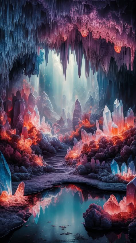 Immerse yourself in a breathtaking underground realm with our Crystal Cave wallpaper. Ethereal light illuminates stunning crystalline formations in a vibrant palette reminiscent of Impressionism. Soft blues, purples, and fiery oranges create a harmonious scene, complete with graceful stalactites and a tranquil reflecting pool. Perfect for nature lovers and dreamers seeking serene beauty in their space. #CrystalCave #Wallpaper #InteriorDesign #NatureArt Cave Of Crystals, Dragon In Cave, Cave Stalactites, Wallpaper Ethereal, Post Humanism, Magical Cave, Cave Wallpaper, Dragon Cave, Ethereal Light