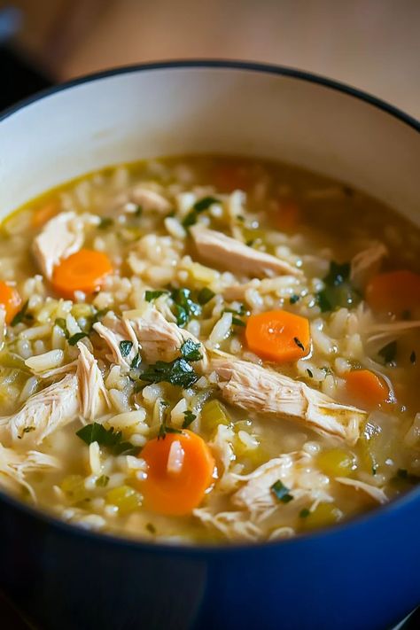 Chicken and Rice Soup Chicken And Rice Soup Healthy, Chicken And Rice Recipes Soup, Chicken Rice Carrots, Chicken Brown Rice Soup, Chicken And Rice Soup Recipes, Rice Chicken Soup, Bowls Recipes, Rice Soup Recipes, Chicken Rice Soup