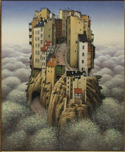 Jacek Yerka Jacek Yerka, Surreal Art Painting, John Howe, Cool Optical Illusions, Magic Realism, Graffiti Murals, Fantasy City, Illusion Art, Landscape Drawings