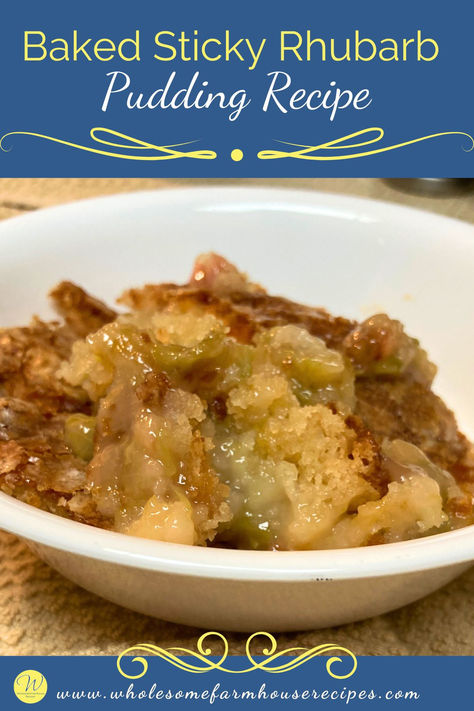 bowl of freshly baked rhubarb bread pudding Baked Sticky Rhubarb Pudding, Sticky Rhubarb Pudding, Rhubarb Desserts Recipes, Rhubarb Dessert, Rhubarb Pudding, Sticky Pudding, Mediterranean Diet Recipes Dinners, Rhubarb Desserts, Sweet Recipe