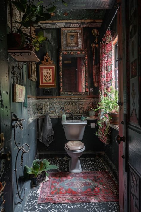 Explore boho chic color schemes for your small bathroom. Embrace vibrant patterns, unique accessories, and greenery to create a stylish and relaxed atmosphere. #BohoColors #SmallBathroom Green Small Bathrooms, Bathroom Ideas Boho, Gothic Bathroom Ideas, Goth Bathroom, Moody Bathroom, Dark Green Bathrooms, Boho Style Bathroom, Gothic Bathroom, Boho Bathroom Ideas