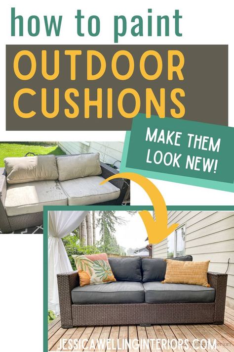 Give your patio furniture cushions a refresh with outdoor fabric paint! It's an easy and inexpensive DIY. Painting Outdoor Cushions, Outdoor Fabric Paint, Diy Patio Furniture Cushions, Wicker Furniture Cushions, Patio Art, Upholstery Repair, Painted Patio, Outdoor Living Rooms, Outdoor Wicker Furniture