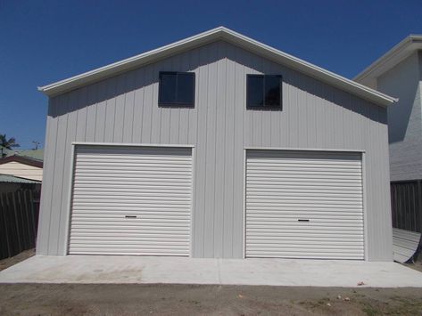 Colorbond Shed Shale grey walls and Surf mist doors Shale Grey Exterior, Surfmist Shed House, Surf Mist Exterior, Shale Grey And Surfmist Exterior, Surfmist Shed, Surf Mist Colourbond, Surfmist Exterior, Colorbond Shed, Southerly Colorbond Roof