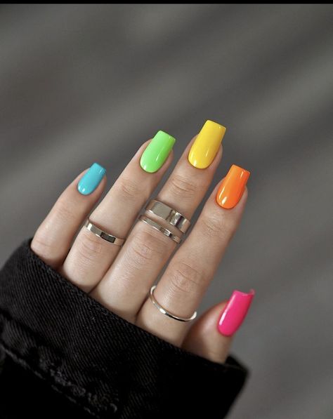 5 Color Nails, Multicoloured Nails, Gel Nail Set, Nails Hand Painted, Rainbow Nail Art, Multicolored Nails, Yellow Orange Pink, Spring Nail Art, Rainbow Nails