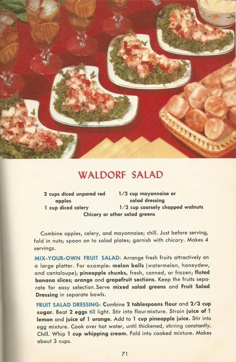 Vintage Recipes - Waldorf salad is named for the... Vintage Recipes 1950s, Apple Salad Dressing, Ambrosia Salad Recipe, 1950s Food, Cottagecore Recipes, Dressing For Fruit Salad, Happy Homemaking, Charity Ball, Gross Food