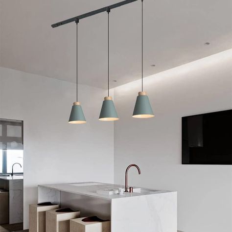 Track Pendant Lighting, Kitchen Track Lighting, Lighting Fixtures Modern, Pendant Track Lighting, Villa Ideas, Pendant Lighting Fixtures, Track Lighting Kitchen, Sloping Roof, Kitchen Lighting Design