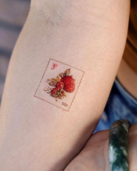 Fruit Stamp Tattoo, Strawberry Bush Tattoo, Strawberry Stamp Tattoo, Small Strawberry Tattoo, Energy Tattoos, Strawberry Tattoo Ideas, Strawberry Tattoos, Watermelon Tattoo, Science Tattoos