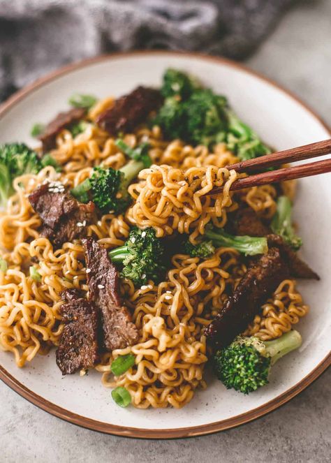 This fast and easy Beef and Broccoli Ramen Noodle Stir-Fry takes less than 30 minutes and is as satisfying as any takeout dish. It's also easy to customize - try different vegetables or tofu or chicken for the steak. #ramen #noodlebowl #stirfry #easydinner #easyrecipe #easymeal Beef Ramen Stir Fry, Broccoli Ramen Stir Fry, Steak Ramen, Beef And Broccoli Ramen, Broccoli Ramen, Easy Asian Noodle Recipes, Easy Asian Noodles, Beef Ramen, Easy Beef And Broccoli